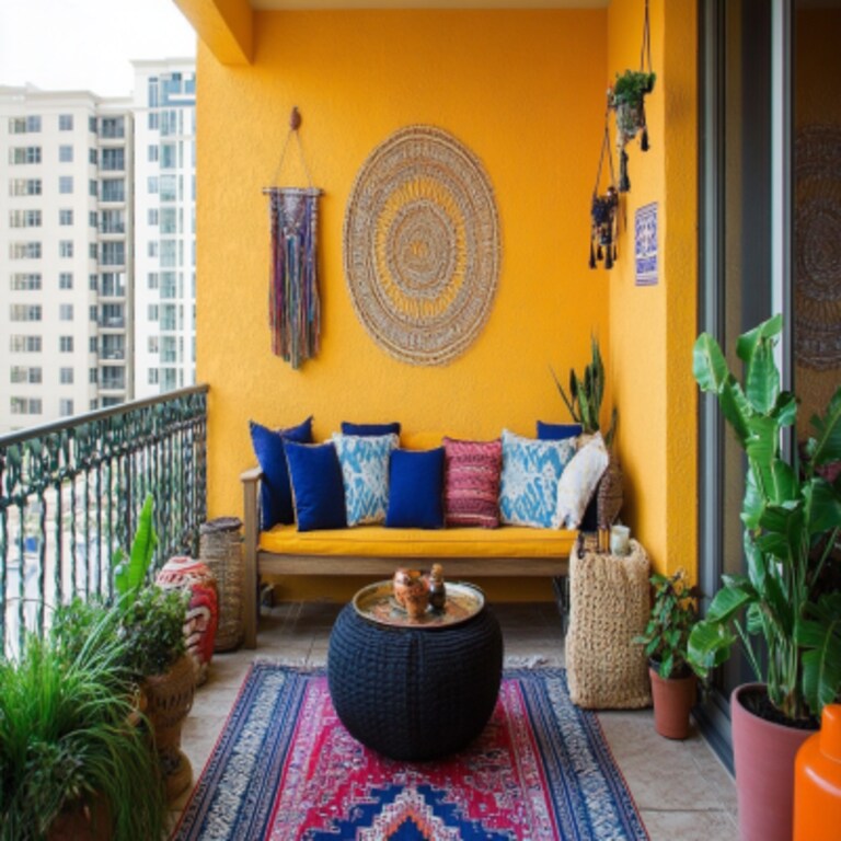 Bohemian Balcony Design with Vibrant Yellow Wall